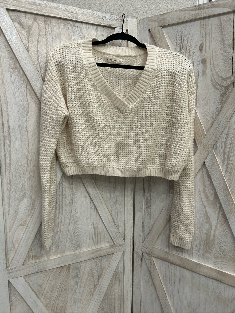Aeropostale Cream V-Neck Waffle Knit Cropped Sweater